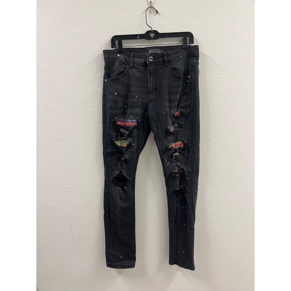 KDNK 32 Black Faded Paint Stained Distressed patched Jeans